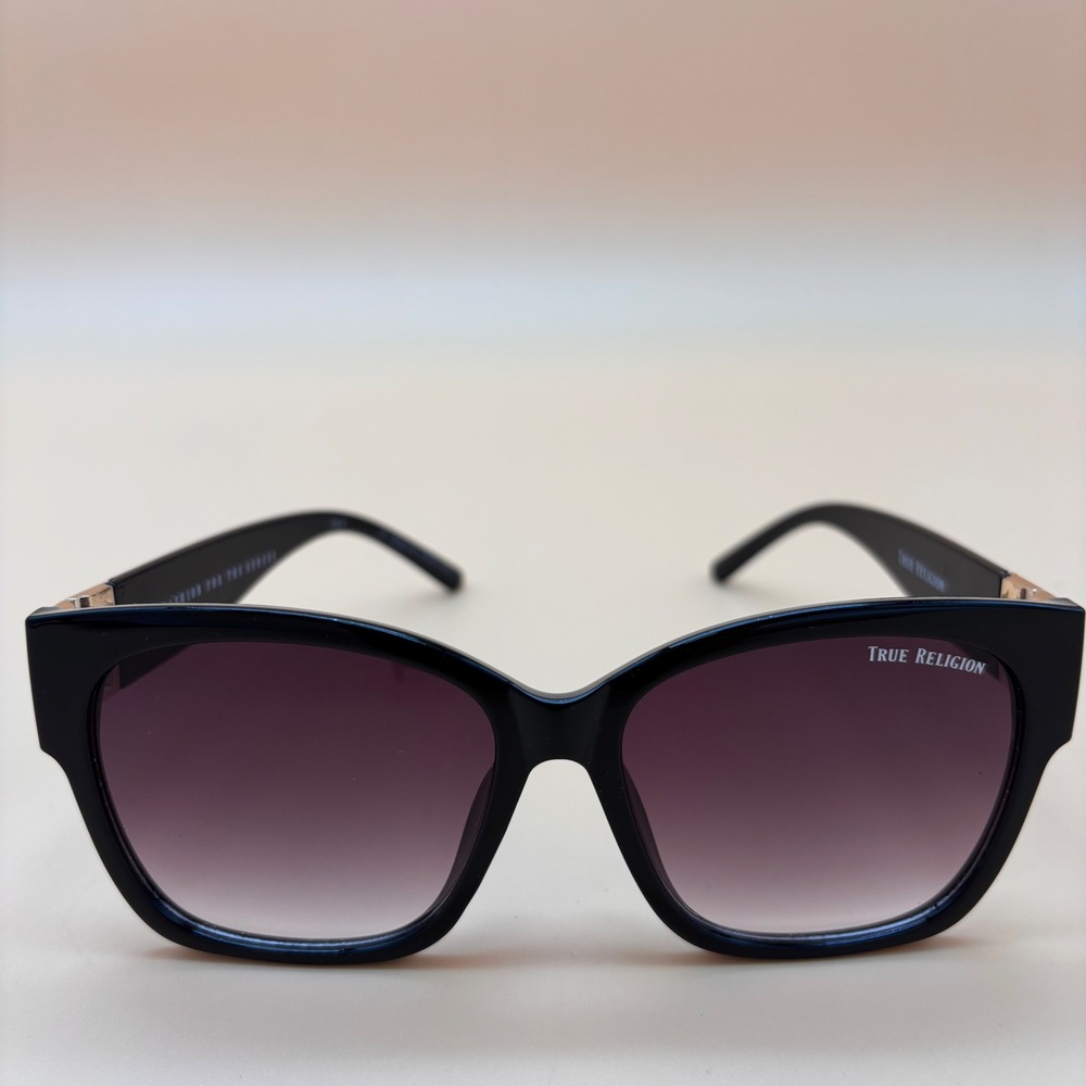 True Religion Womens Square Sunglasses Black Frame Silver Horseshoe Logo